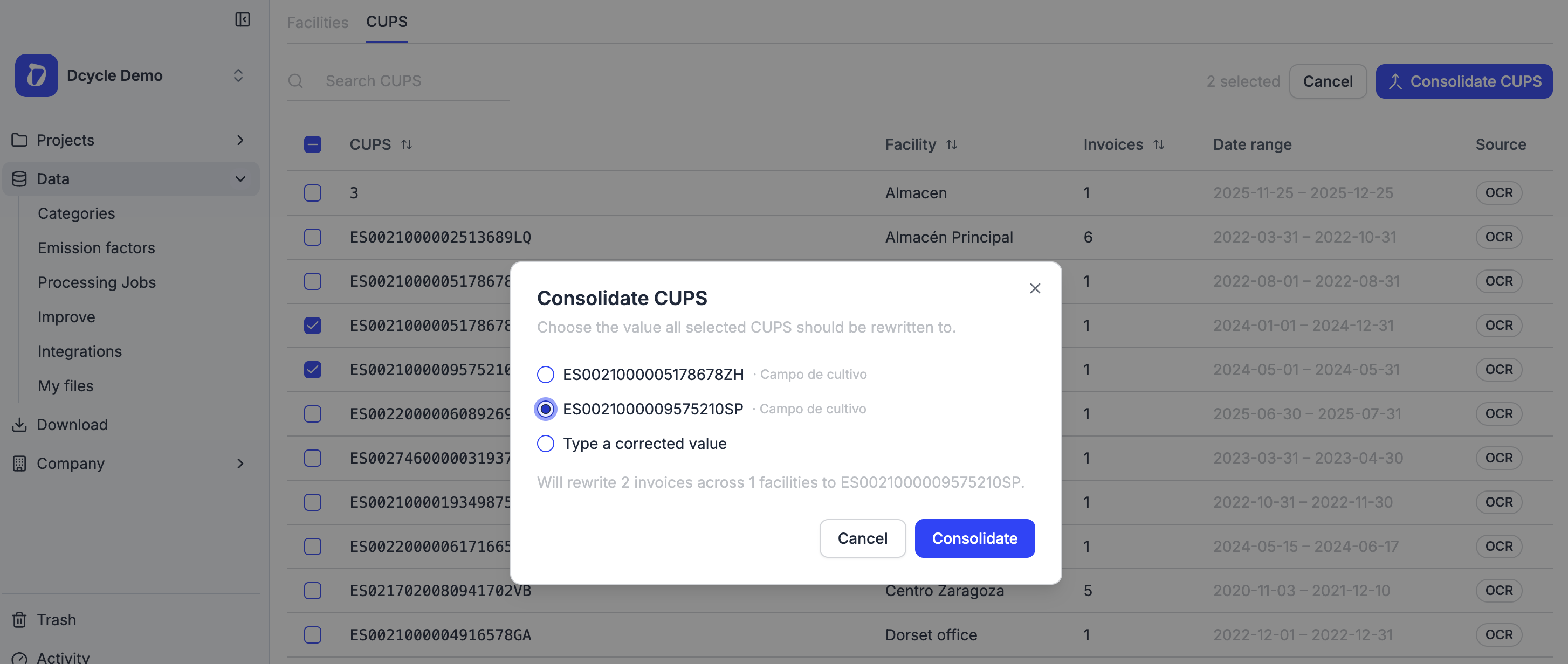 Consolidate duplicate electricity CUPS