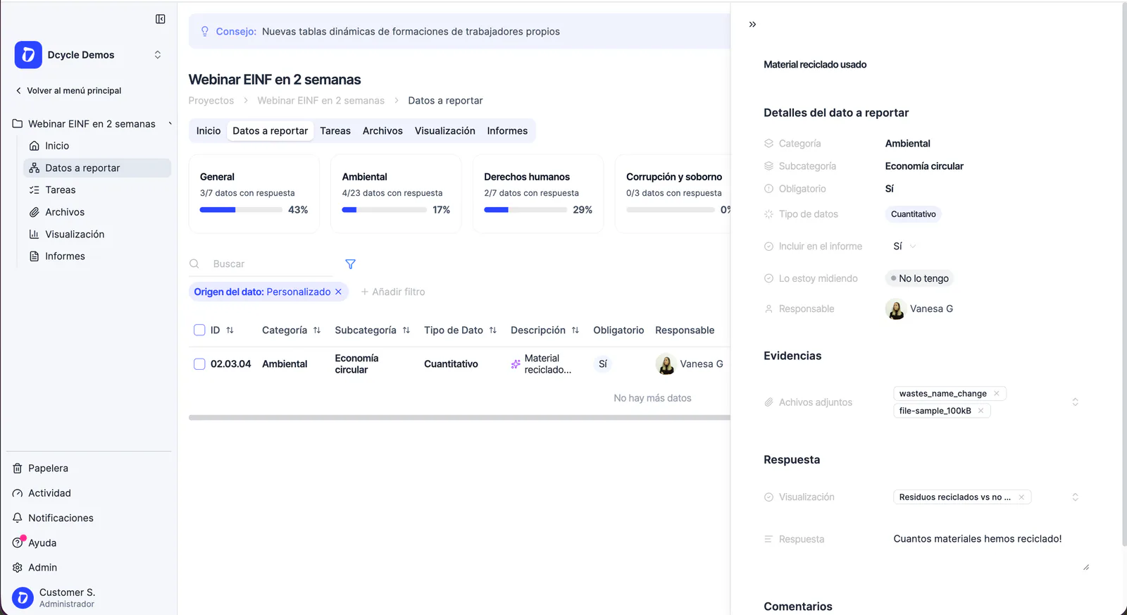 Datos de informe personalizados en EINF