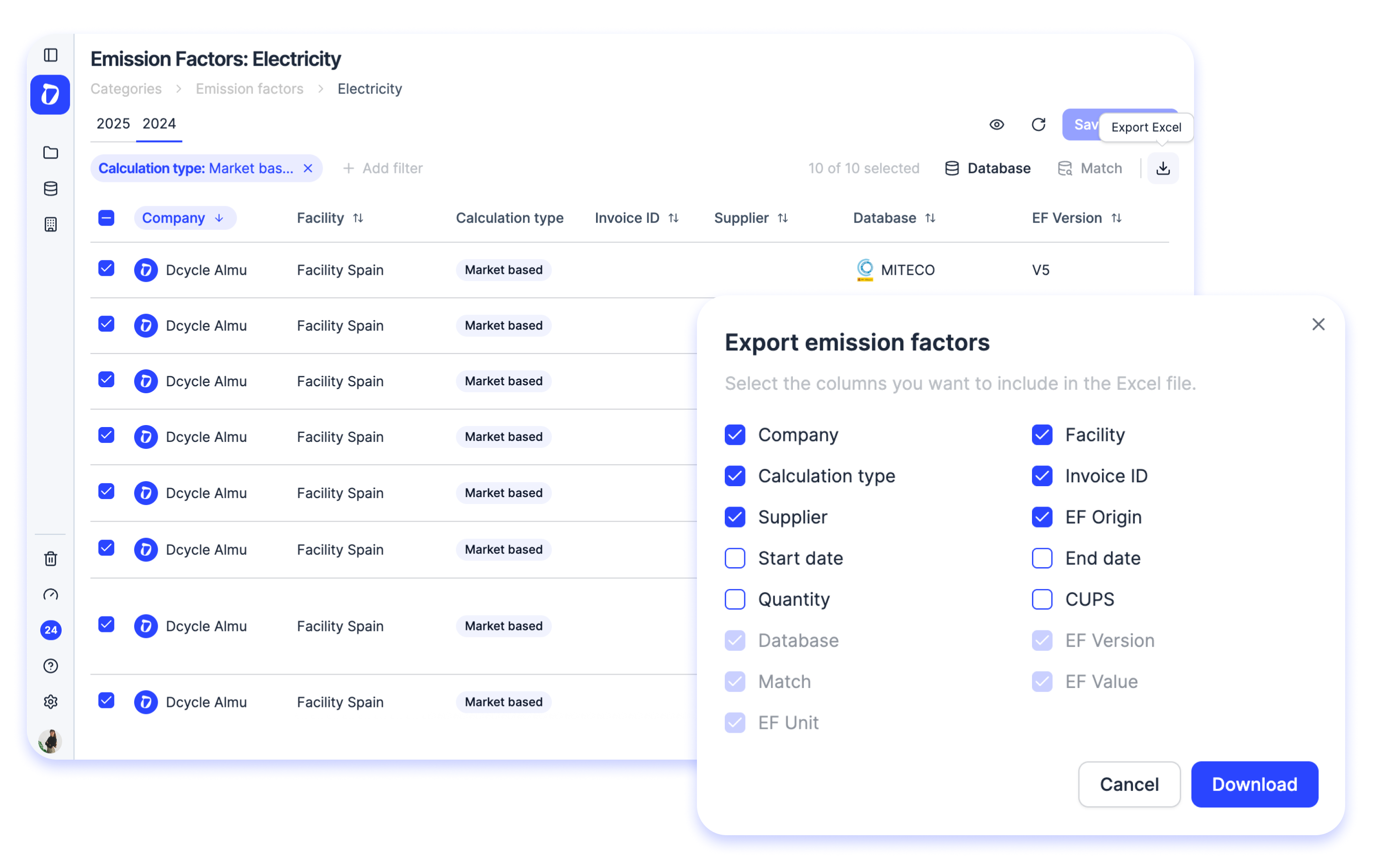 Download emission factors in Excel
