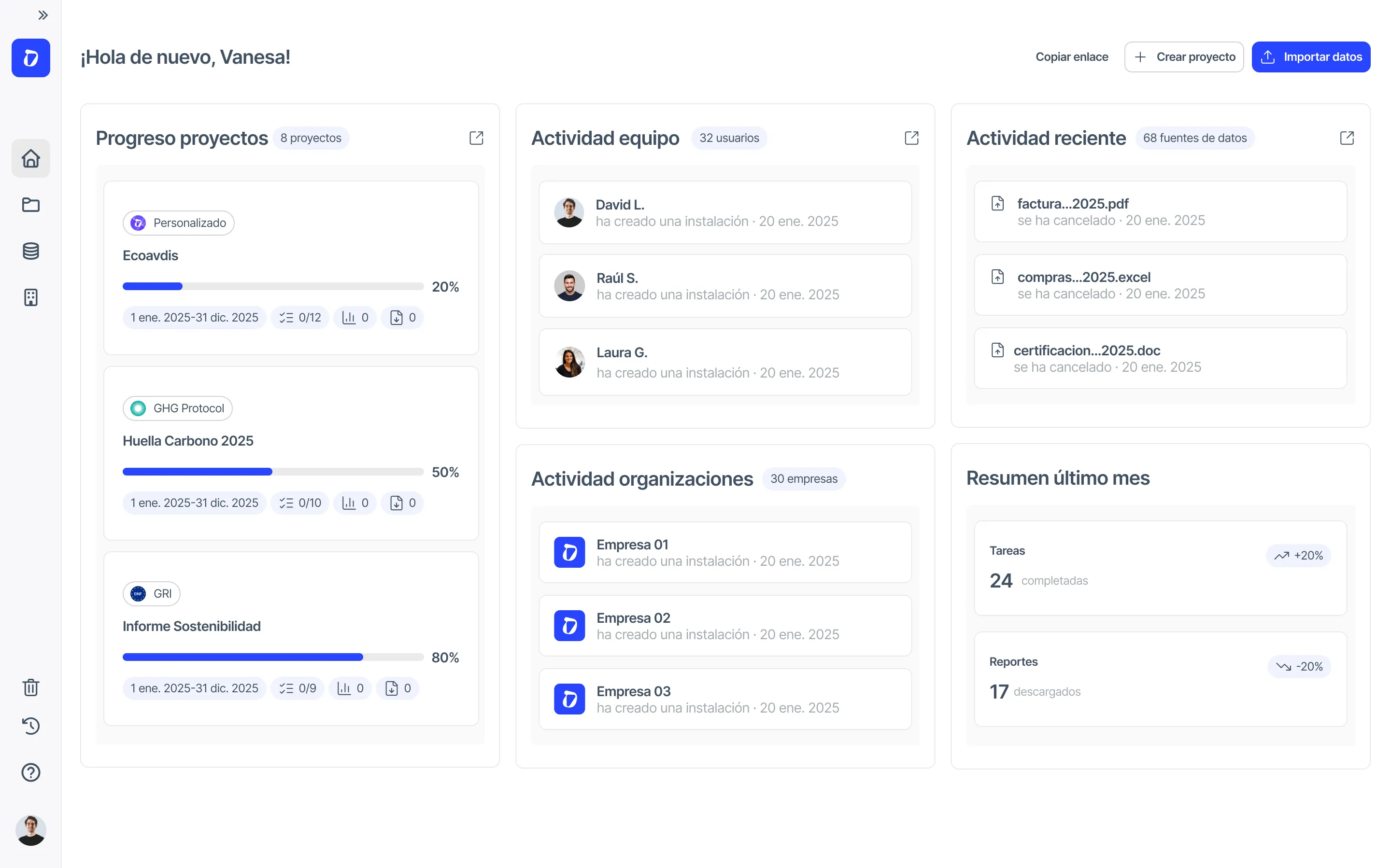 Panel de control de Dcycle con inventario de emisiones y plan de descarbonización