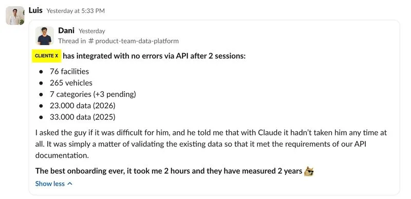 Slack-Nachricht des Teams: ein Kunde in zwei Sitzungen fehlerfrei per API angebunden