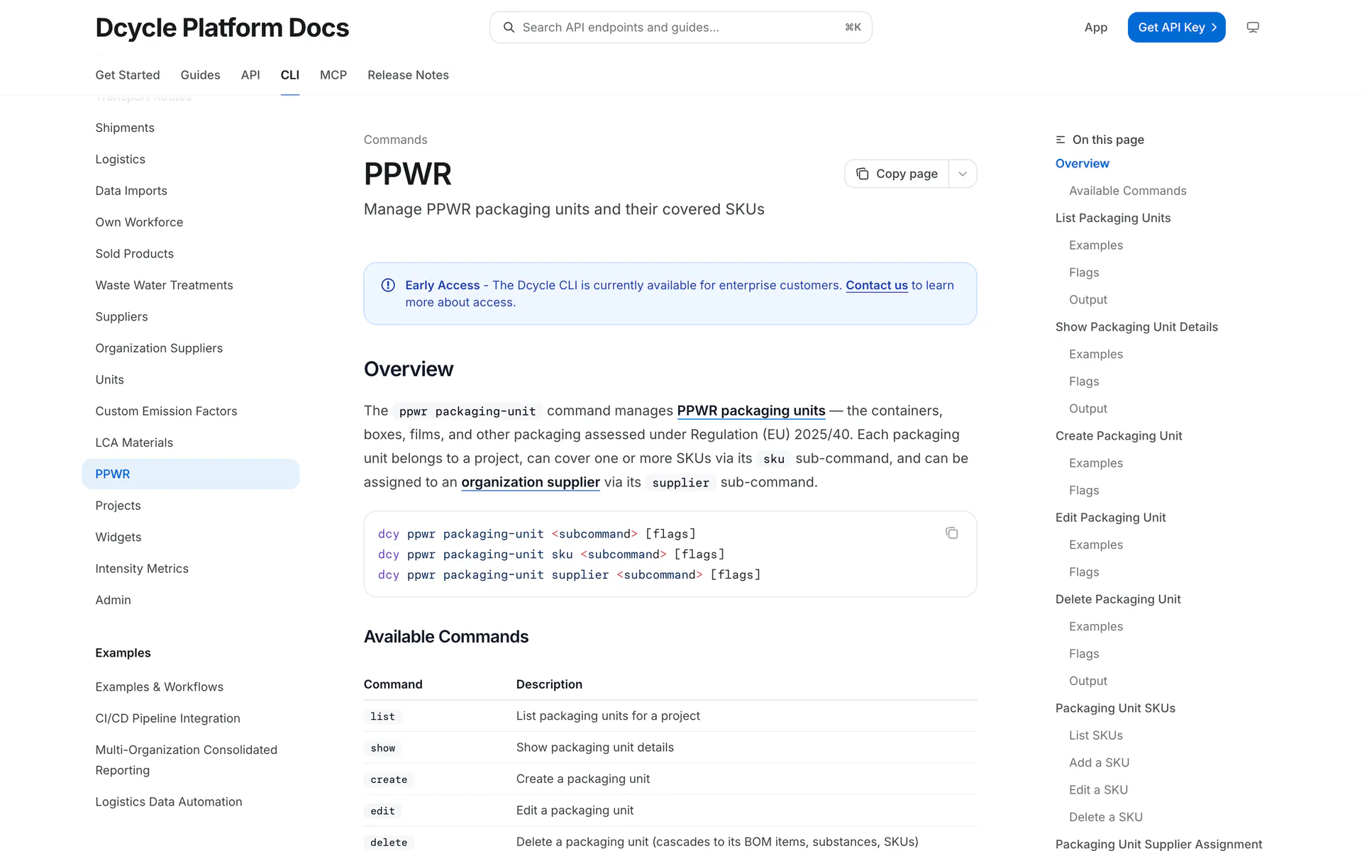 Dcycle Platform Docs page showing the PPWR CLI commands for packaging units and SKUs