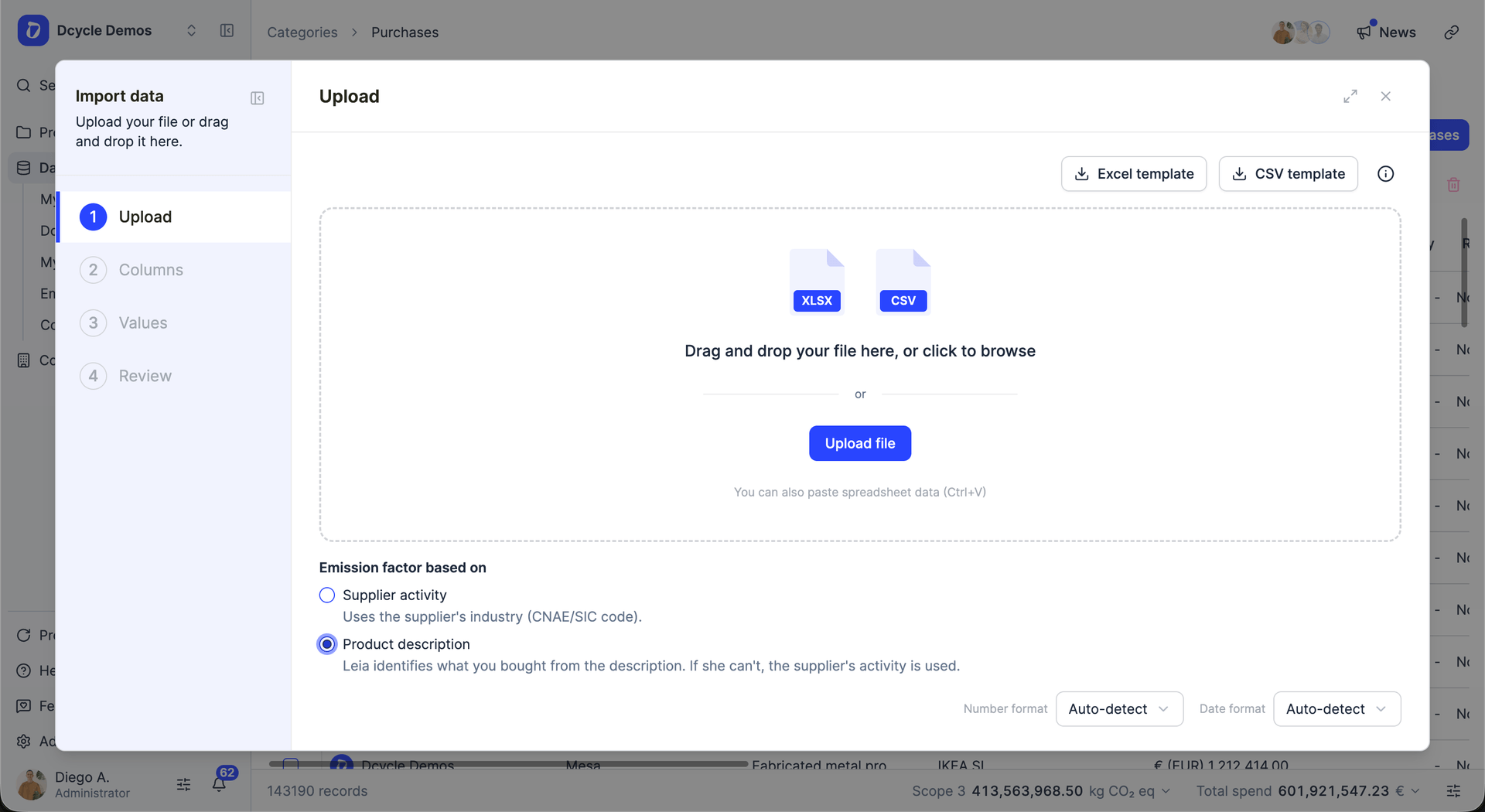 Purchase upload with the option to base the emission factor on the description