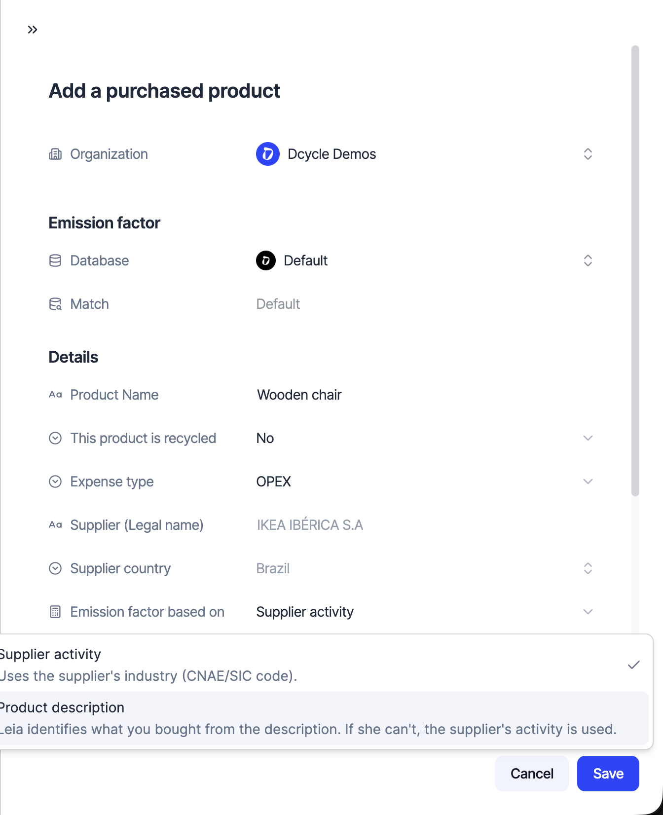 Adding a purchased product and choosing supplier activity or product description