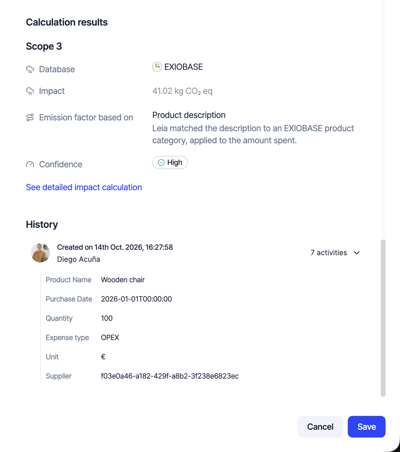 Calculation result matched to an EXIOBASE product category