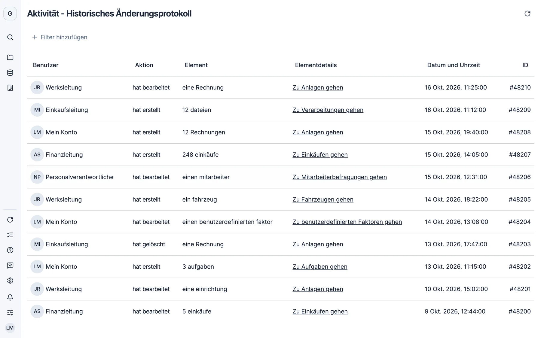 Die Seite Aktivität in Dcycle mit allen Änderungen samt Person und Zeitpunkt sowie der Berechnung eines Werts mit Faktor und Datenbank