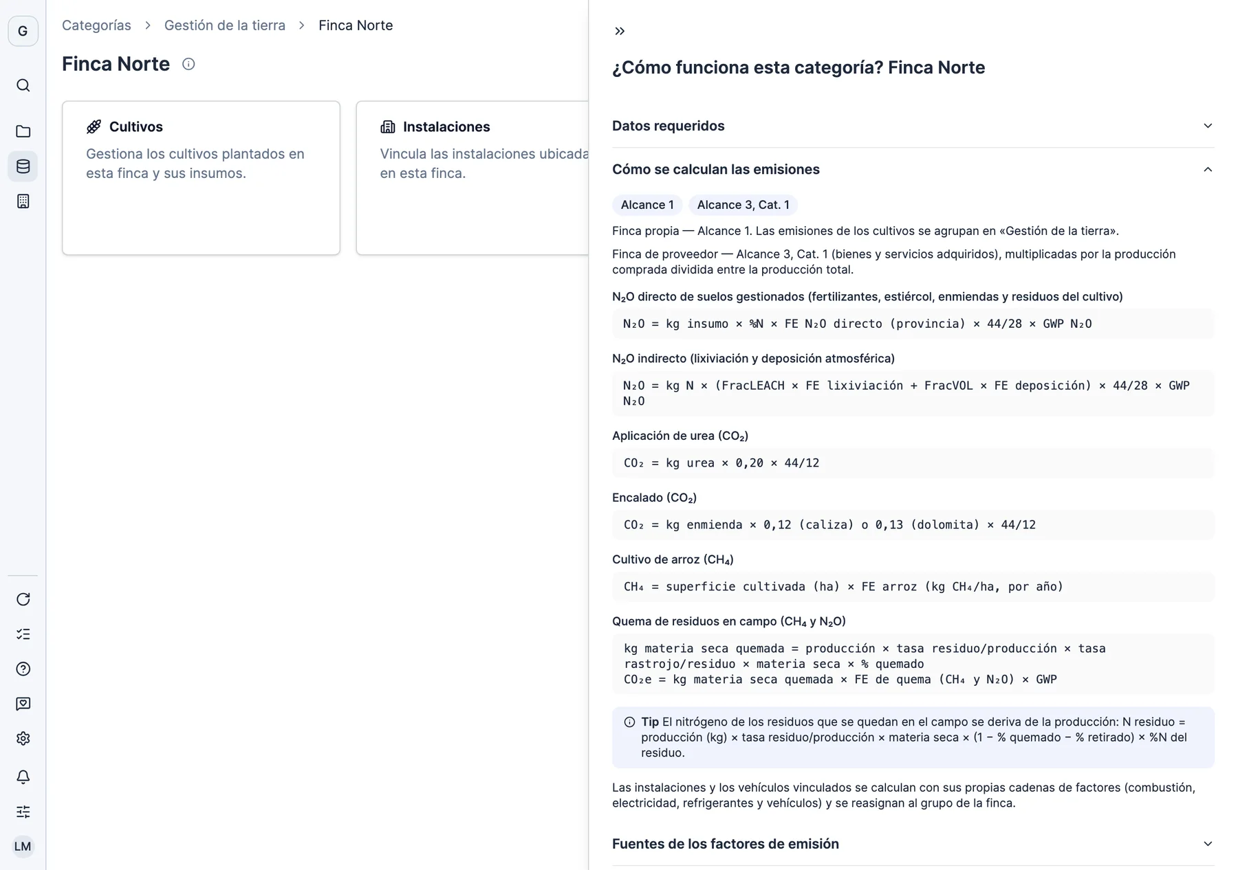 La metodología de una finca en Dcycle: alcance 1 si es propia, alcance 3 si es de un proveedor, y la fórmula de cada emisión