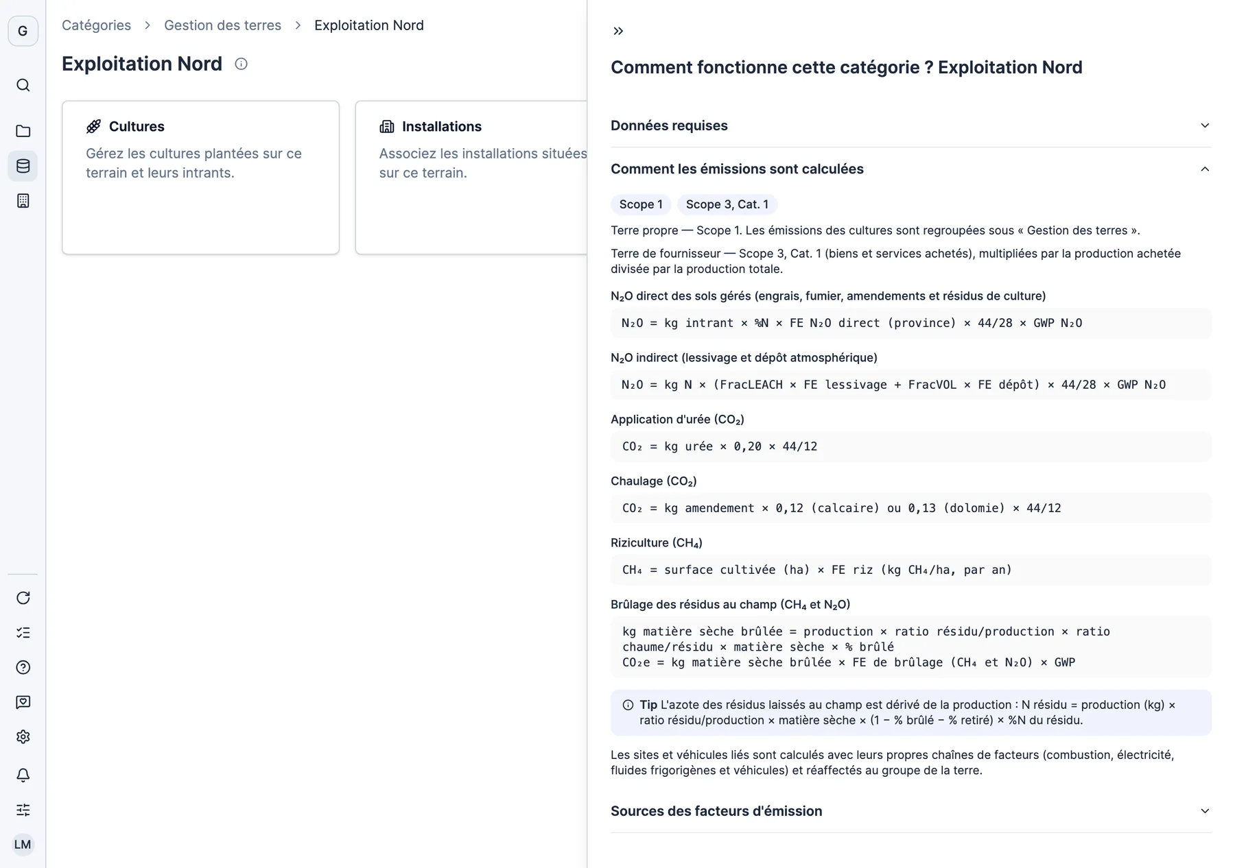 La méthodologie d’une exploitation dans Dcycle : scope 1 si elle vous appartient, scope 3 si elle appartient à un fournisseur, et la formule de chaque émission