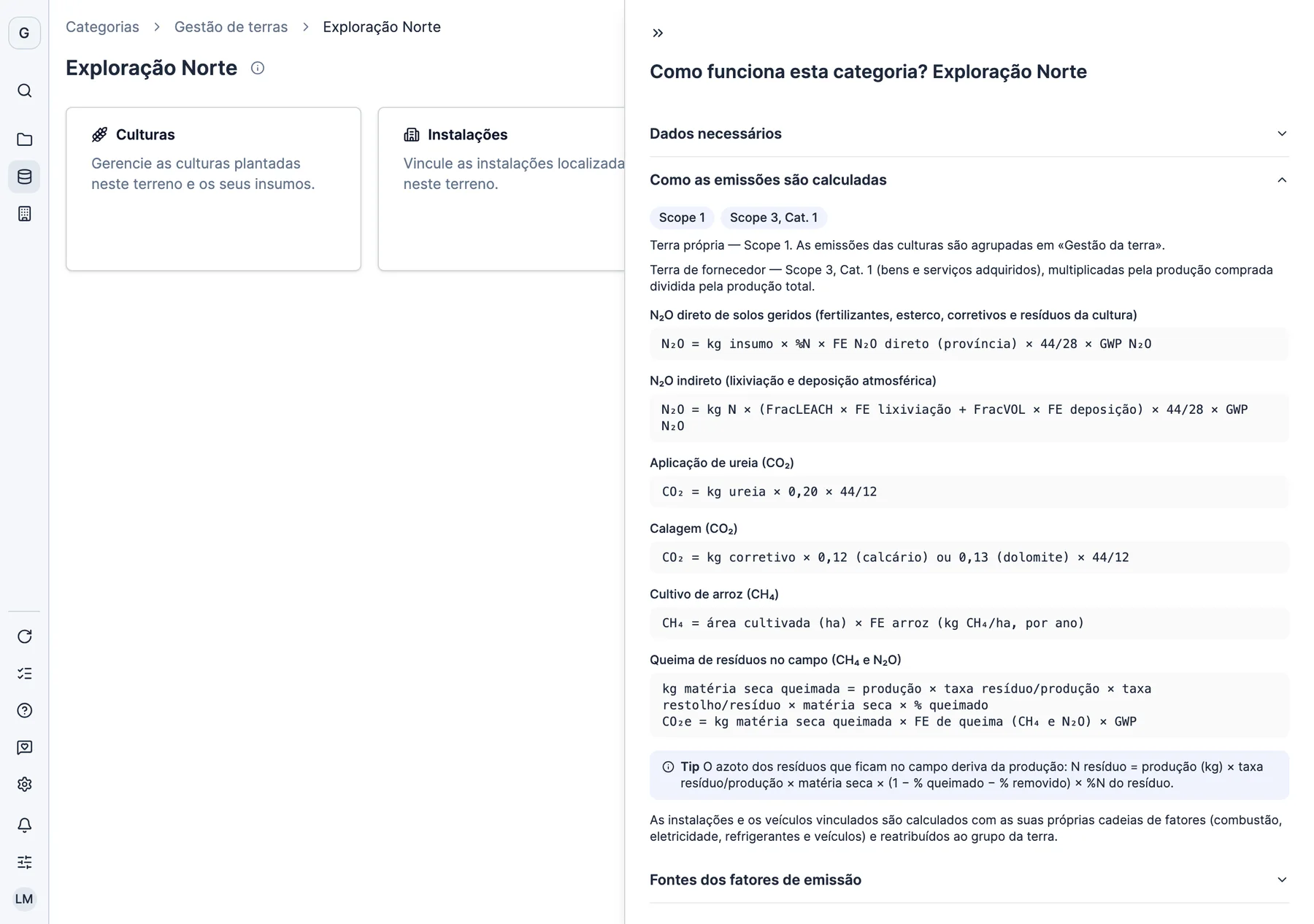 A metodologia de uma exploração na Dcycle: âmbito 1 se for própria, âmbito 3 se for de um fornecedor, e a fórmula de cada emissão