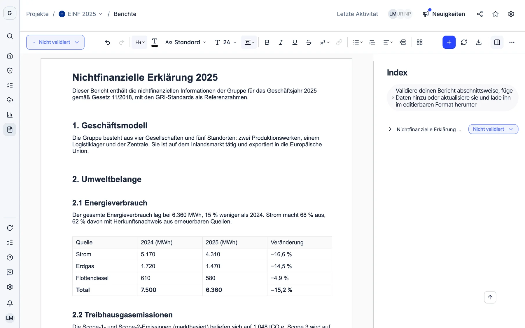 Der Berichtsgenerator von Dcycle mit einer EINF und dem Hinweis, die Daten zu aktualisieren