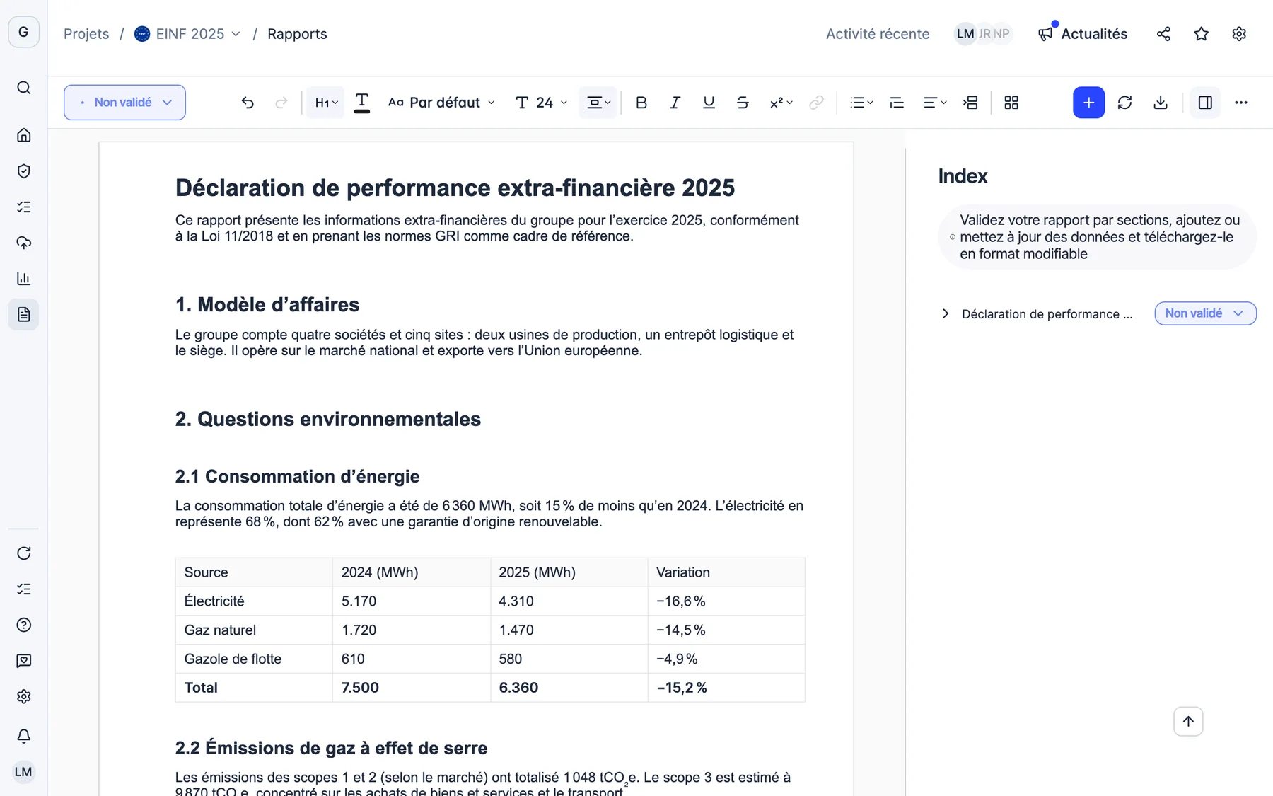 Le générateur de rapports de Dcycle avec un EINF et l’invitation à actualiser ses données