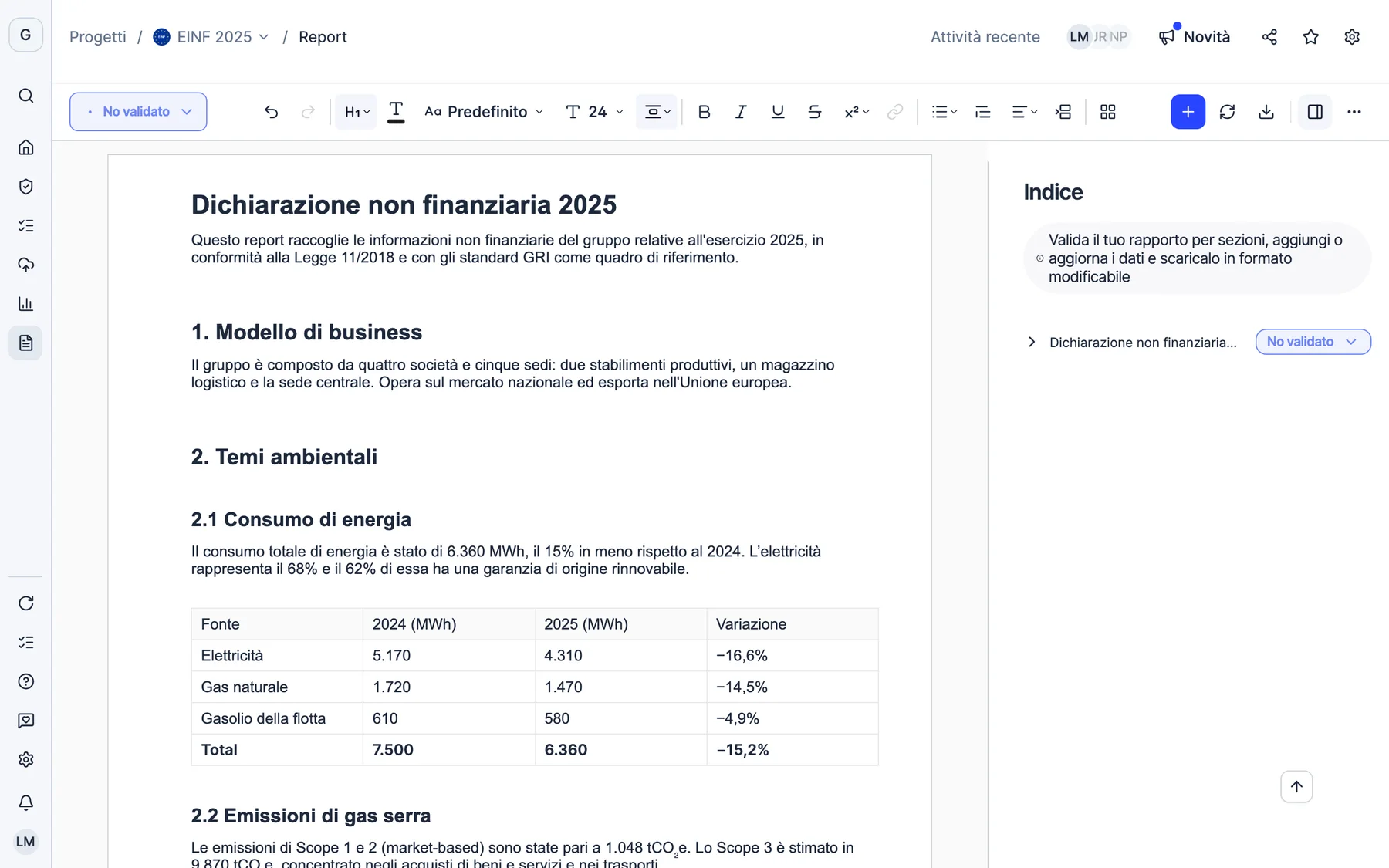 Il generatore di report di Dcycle con un EINF e l’avviso per aggiornarne i dati