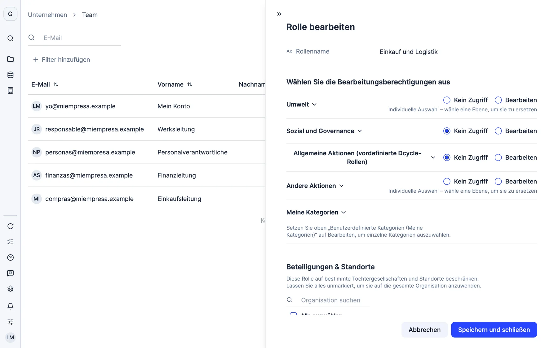 Nach Bereichen, Berechtigungen und Standorten