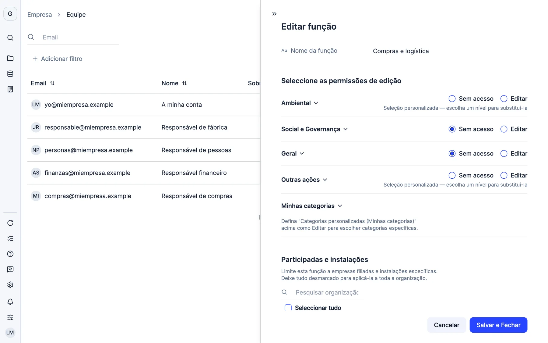 Por secções, por permissões e por instalações